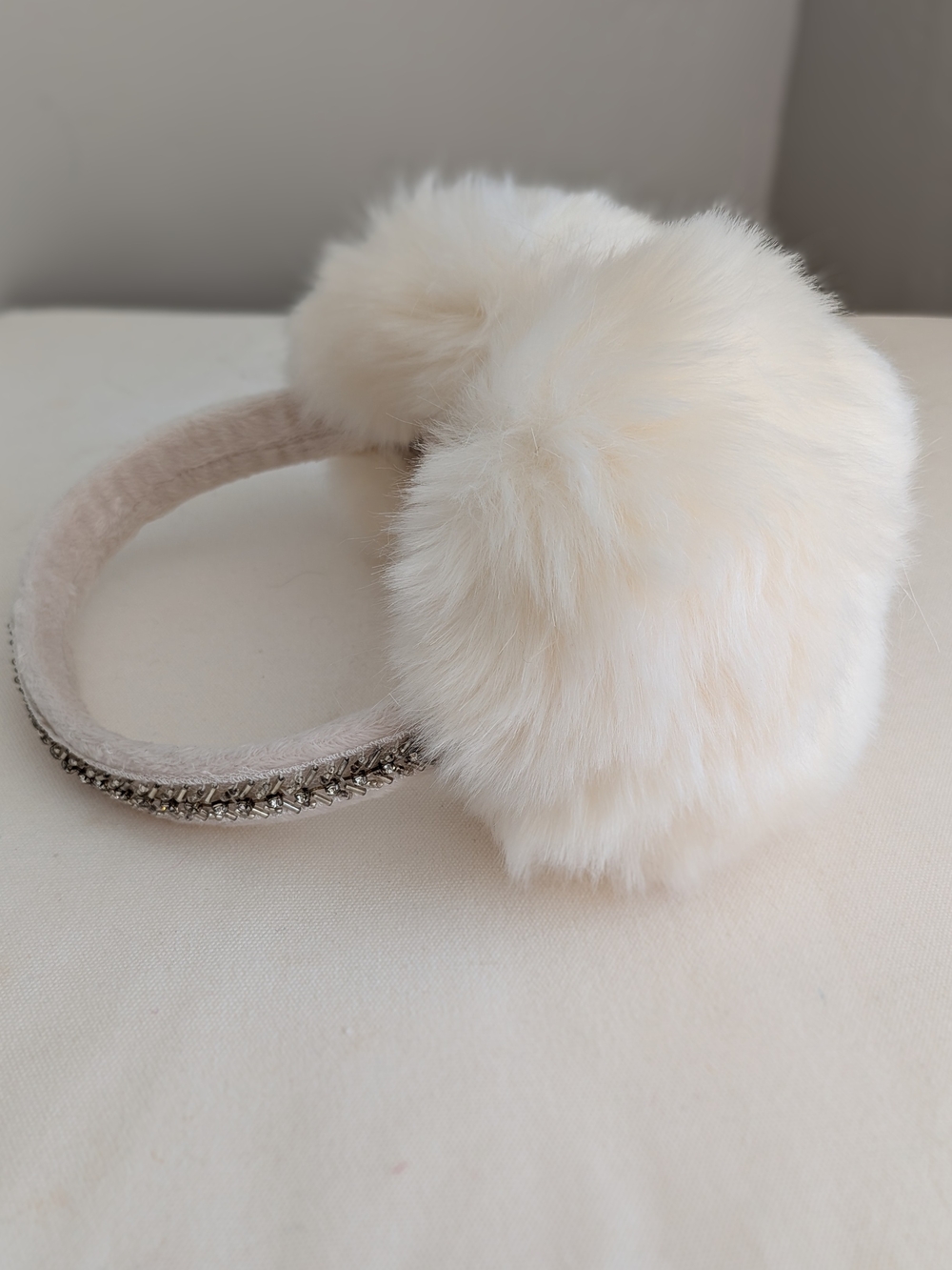 Plush White Faux Fur Earmuffs with Embellished Headband